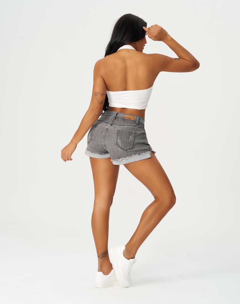 roswear Women's Ripped Mid Rise Stretchy Denim Jeans Shorts Grey Large - Image 3